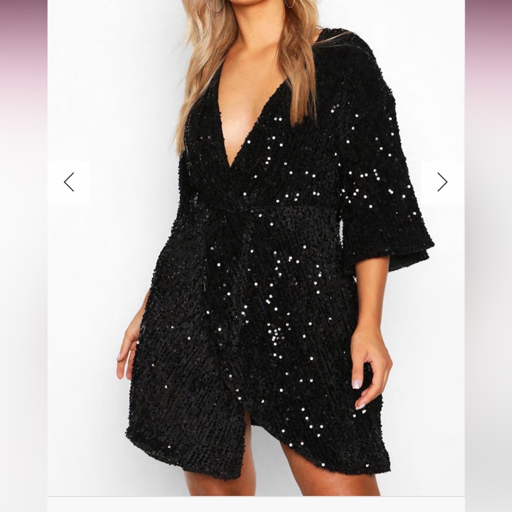 Boohoo Plus Black Sequin Mini Wrap Dress